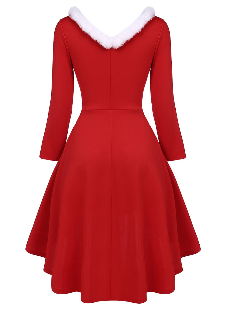 Robe de Noël Rouge Vintage à Fourrure Synthétique Année 50 À Col V