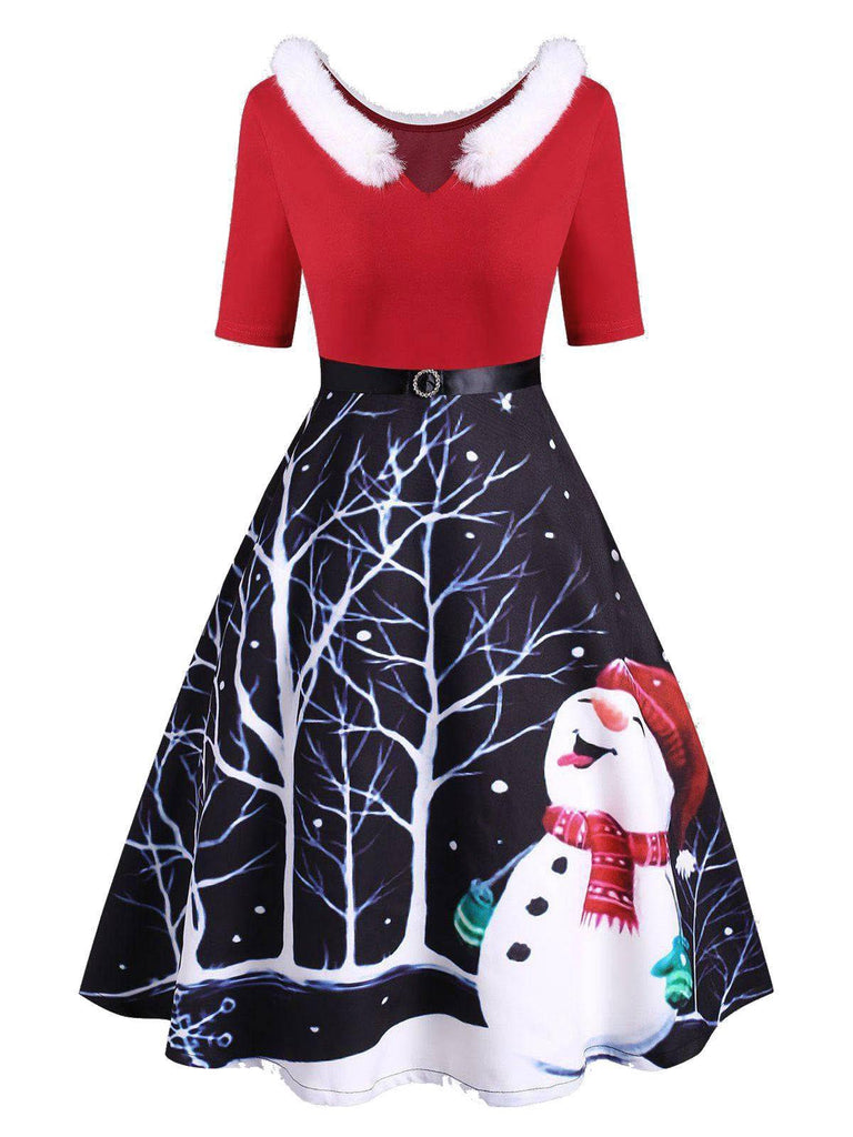 Robe de Noël Rouge Années 50 à Col Fausse Fourrure Avec Bonhomme de Neige