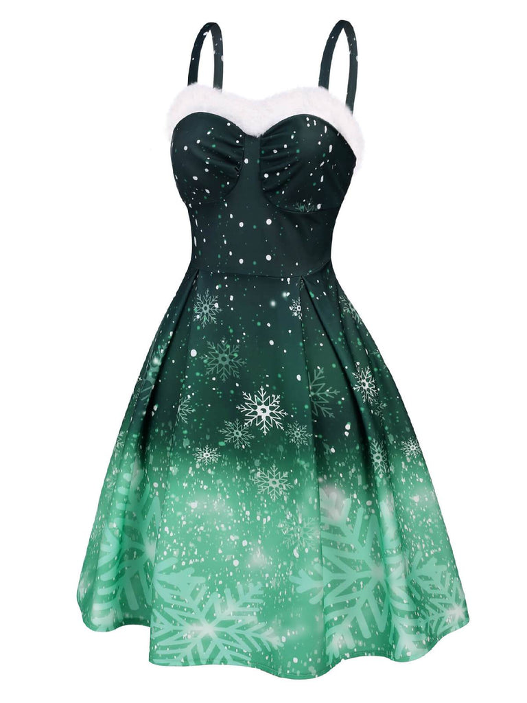 Robe de Noël Verte à Bretelles Années 50 Imprime Neige Classe et Chic