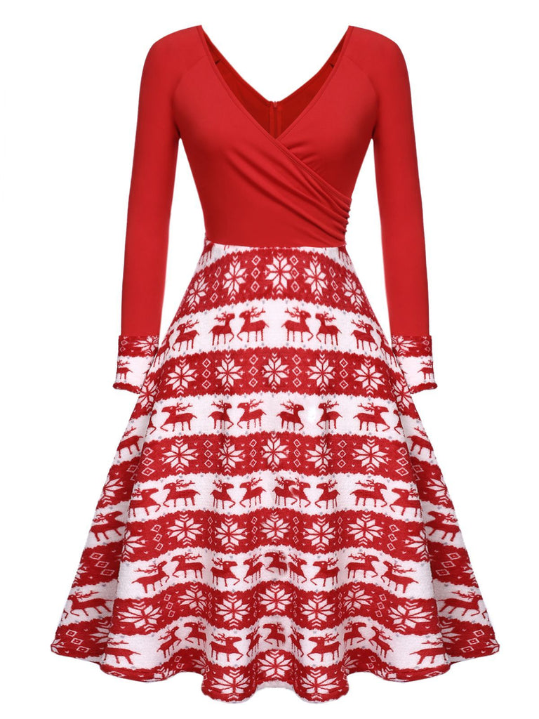 Robe Trapèze Patchwork de Noël Rouge Années 1950