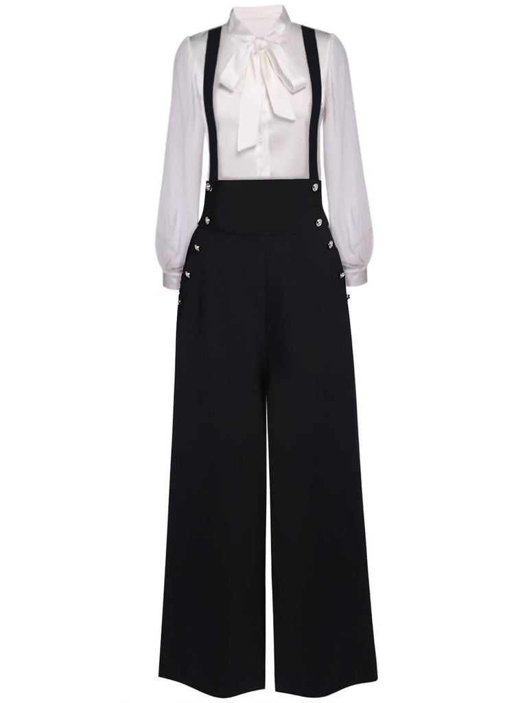 2PCS Chemisière Unie Blanche et Pantalon à Bretelles Noir