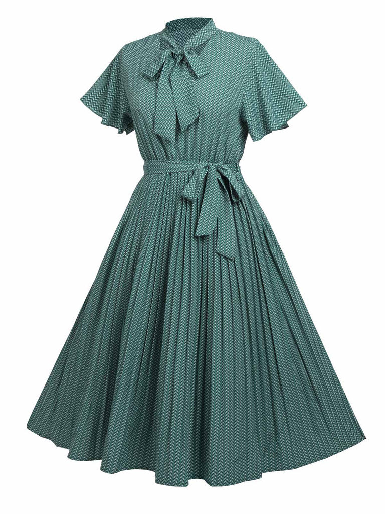 Robe Vintage Verte à Nouer Manche Évasée des Années 1950