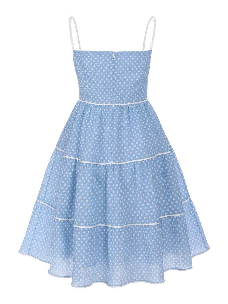 Robe Trapèze Bleu Ciel à Pois et Bretelles Années 1950