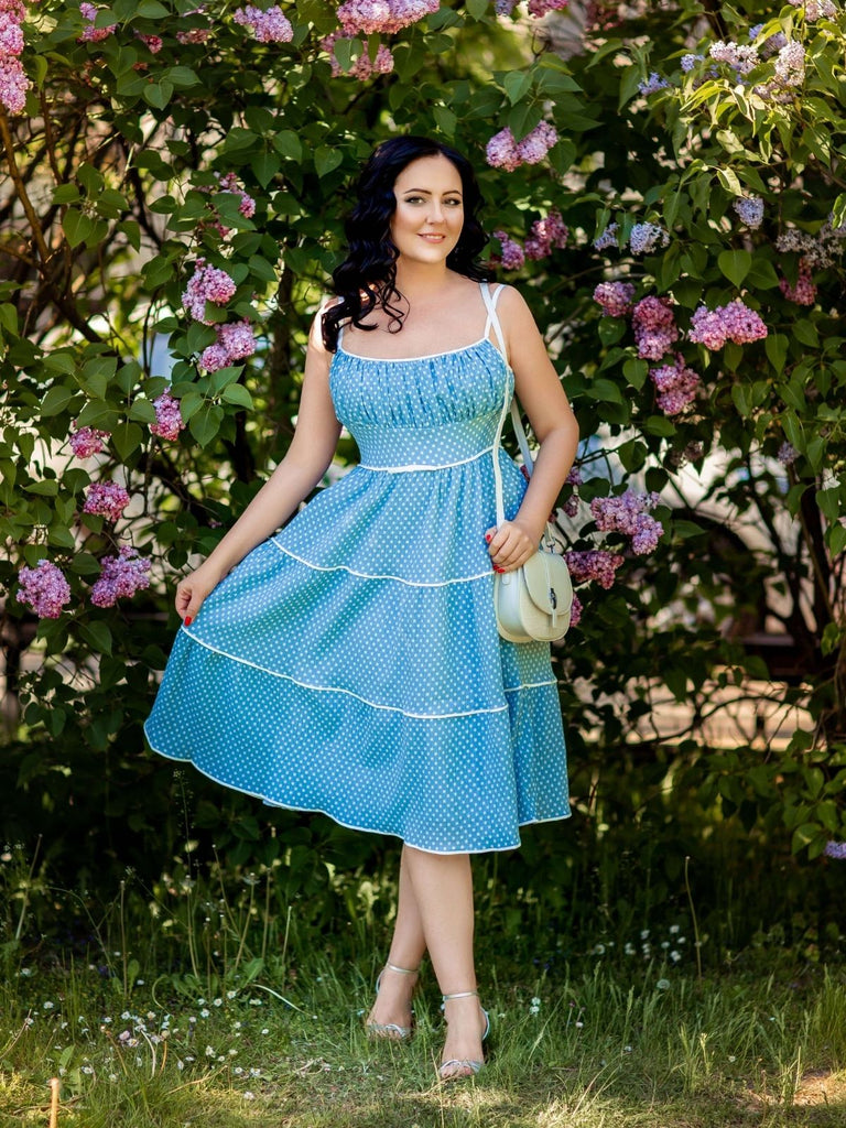 Robe Trap ze Bleu Ciel Pois et Bretelles Ann es 1950 Retro
