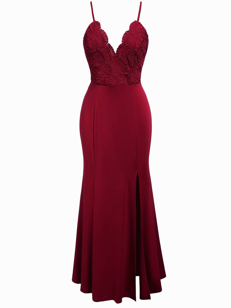 Robe de soirée à bretelles en patchwork de dentelle à col en V
