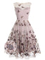 Robe trapèze violette en dentelle papillon années 1950