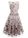 Robe trapèze violette en dentelle papillon années 1950