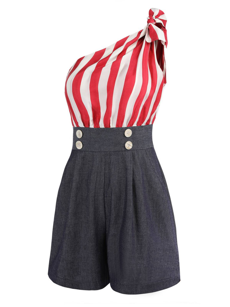 Combishort patchwork à rayures rouges et une épaule