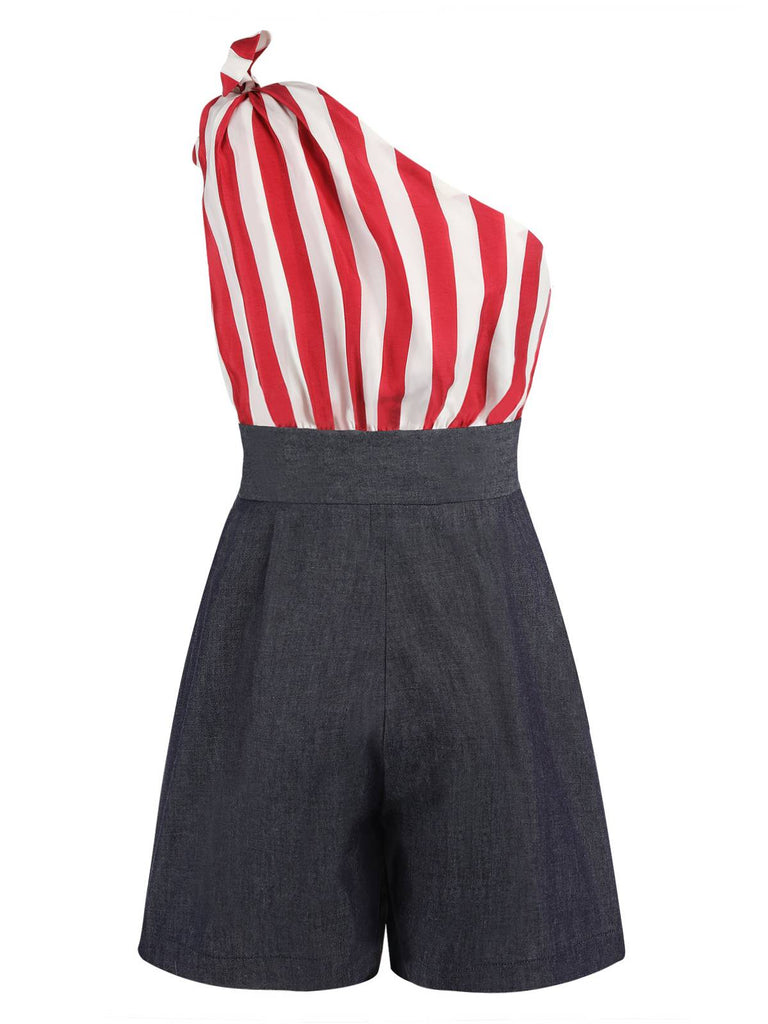Combishort patchwork à rayures rouges et une épaule