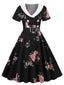 Robe trapèze noire à fleurs années 1950 à revers Cocktail Pin Up