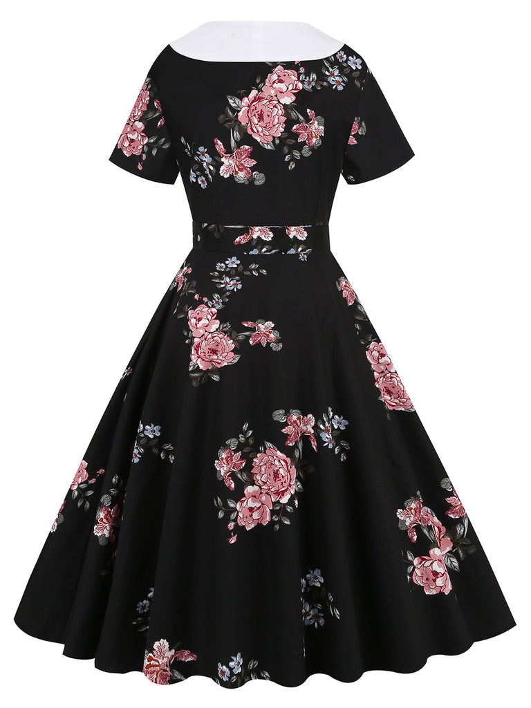 Robe trapèze noire à fleurs années 1950 à revers Cocktail Pin Up