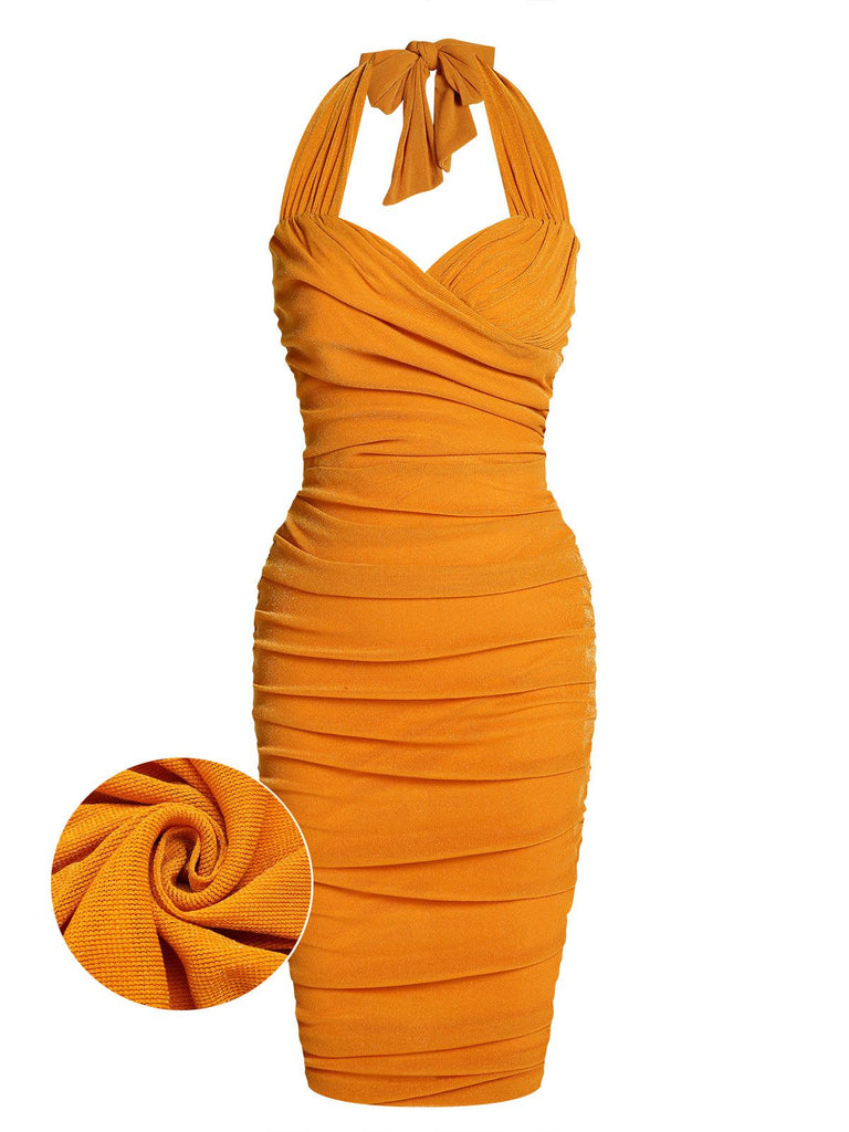Robe crayon à lacets à licou plissée orange unie