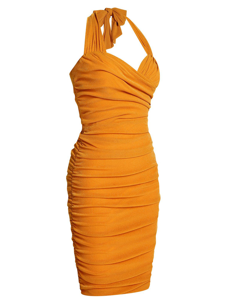 Robe crayon à lacets à licou plissée orange unie