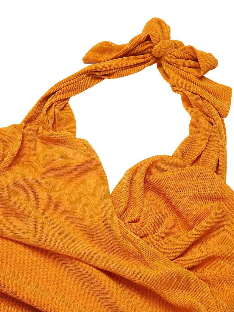 Robe crayon à lacets à licou plissée orange unie