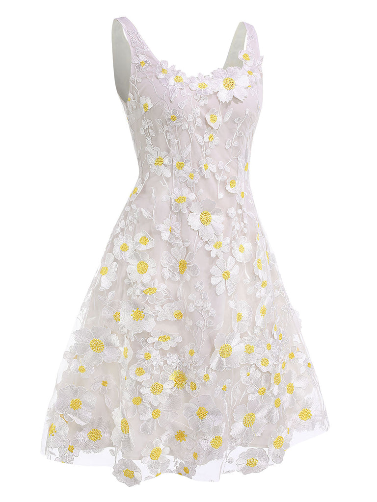 Robe vintage blanche des années 1950 3D Marguerite rêveuse