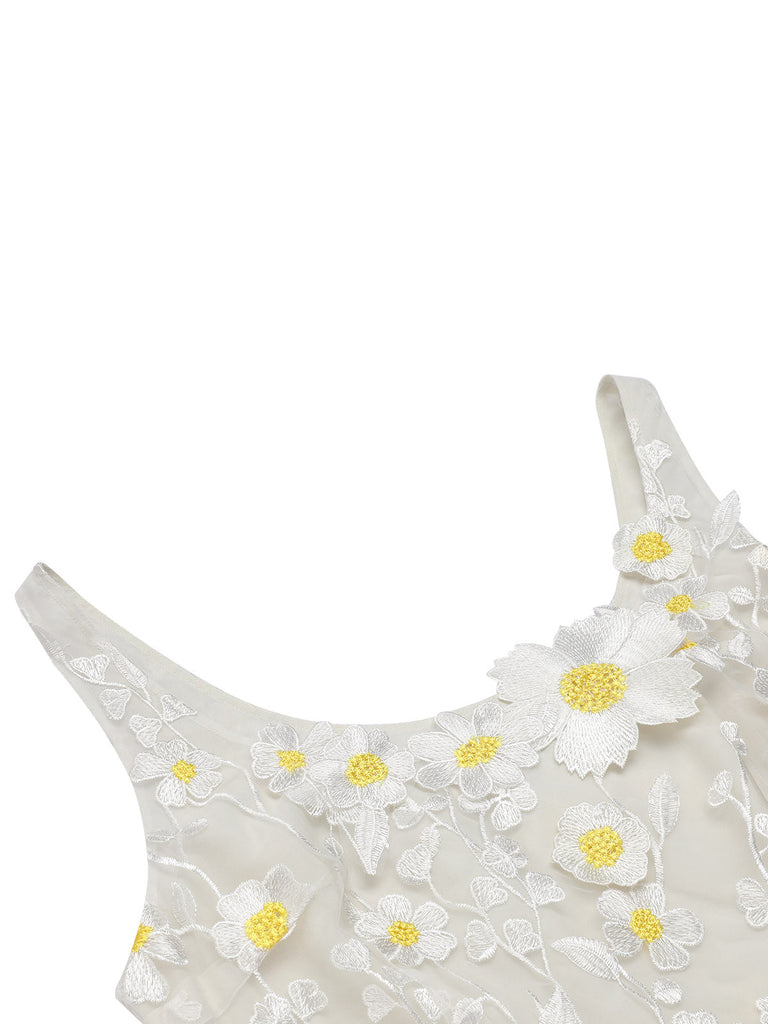 Robe vintage blanche des années 1950 3D Marguerite rêveuse
