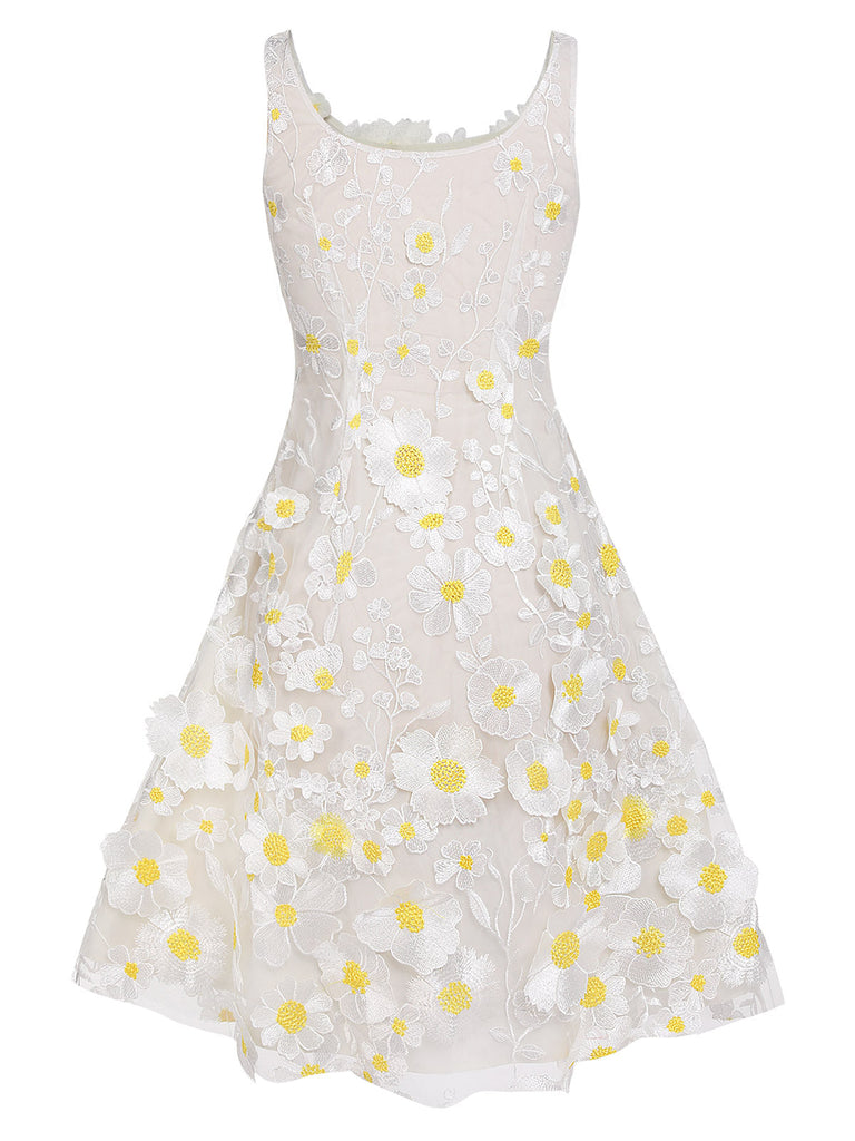 Robe vintage blanche des années 1950 3D Marguerite rêveuse