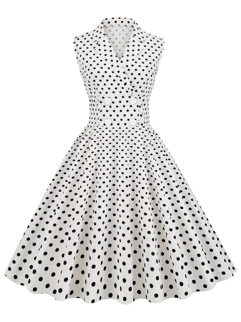 Robe trapèze blanche années 1950 à revers à pois Pin Up Cocktail