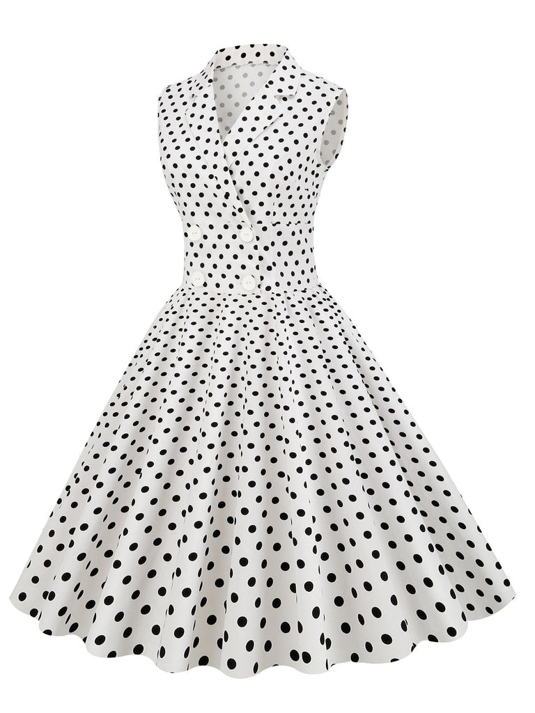 Robe trapèze blanche années 1950 à revers à pois Pin Up Cocktail