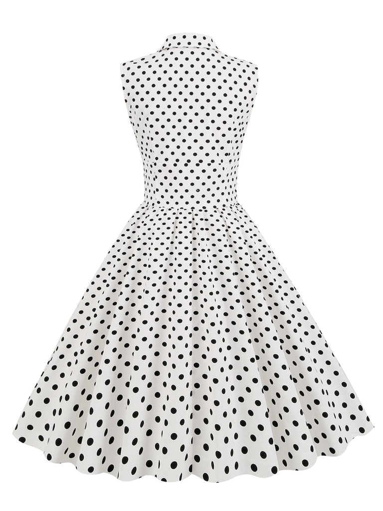 Robe trapèze blanche années 1950 à revers à pois Pin Up Cocktail