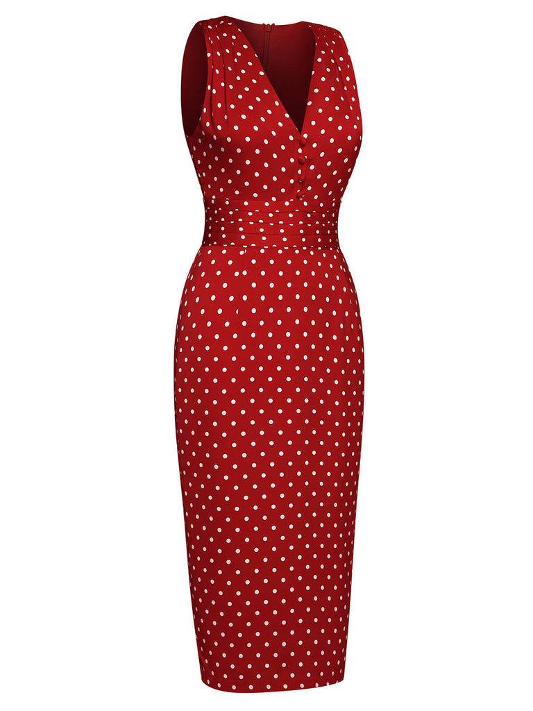 Robe crayon rouge à pois des années 1960 à col en V