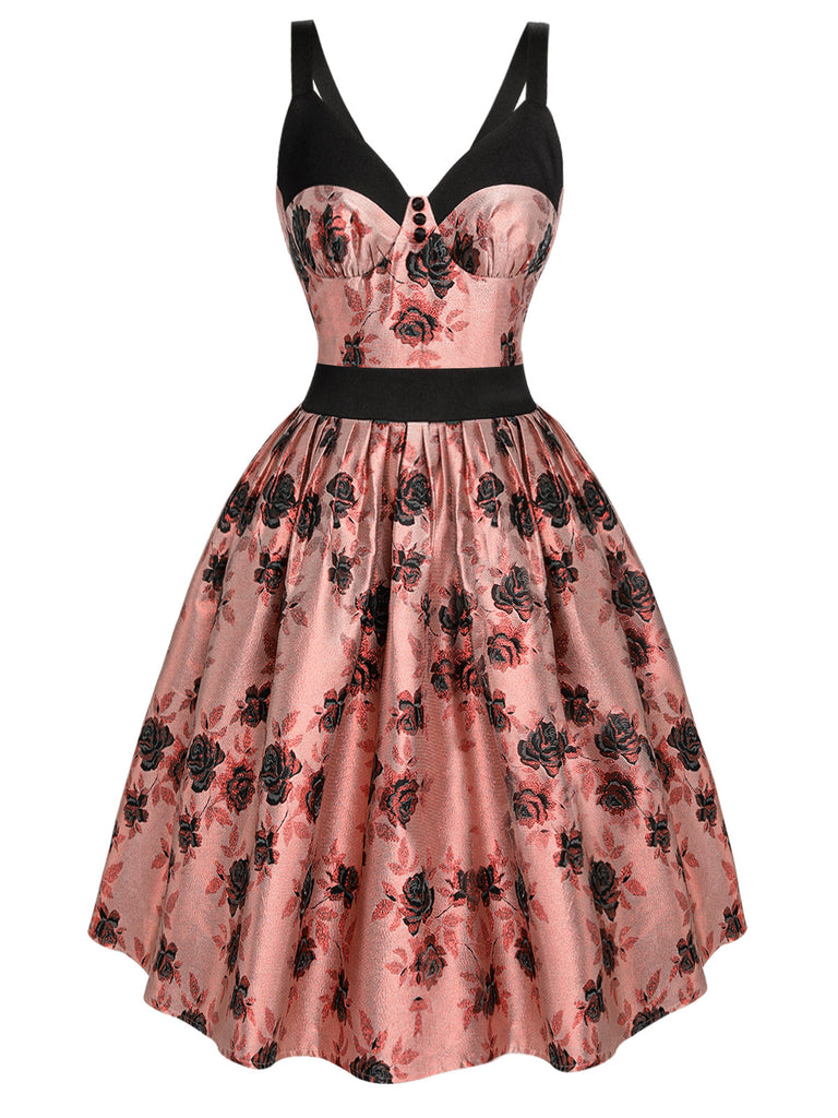 Robe trapèze en satin gaufré rose des années 1950