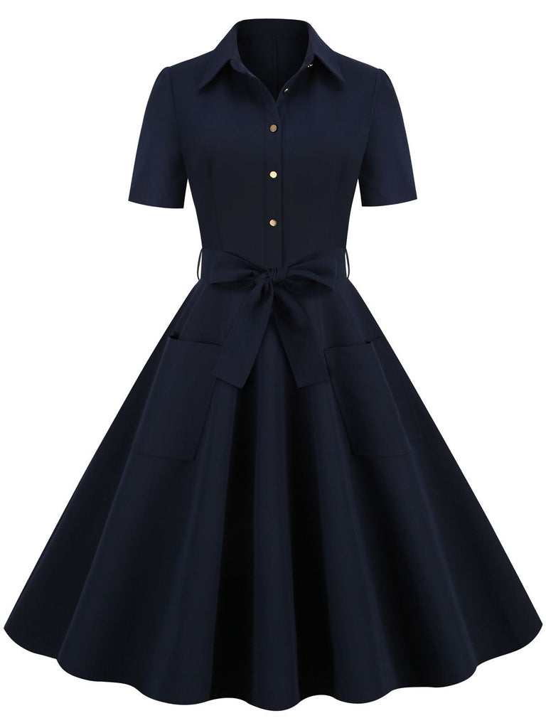 Robe trapèze bleu marine à lacets et revers des années 1950 Cocktail Chic