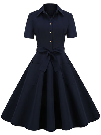Robe trapèze bleu marine à lacets et revers des années 1950 Cocktail Chic