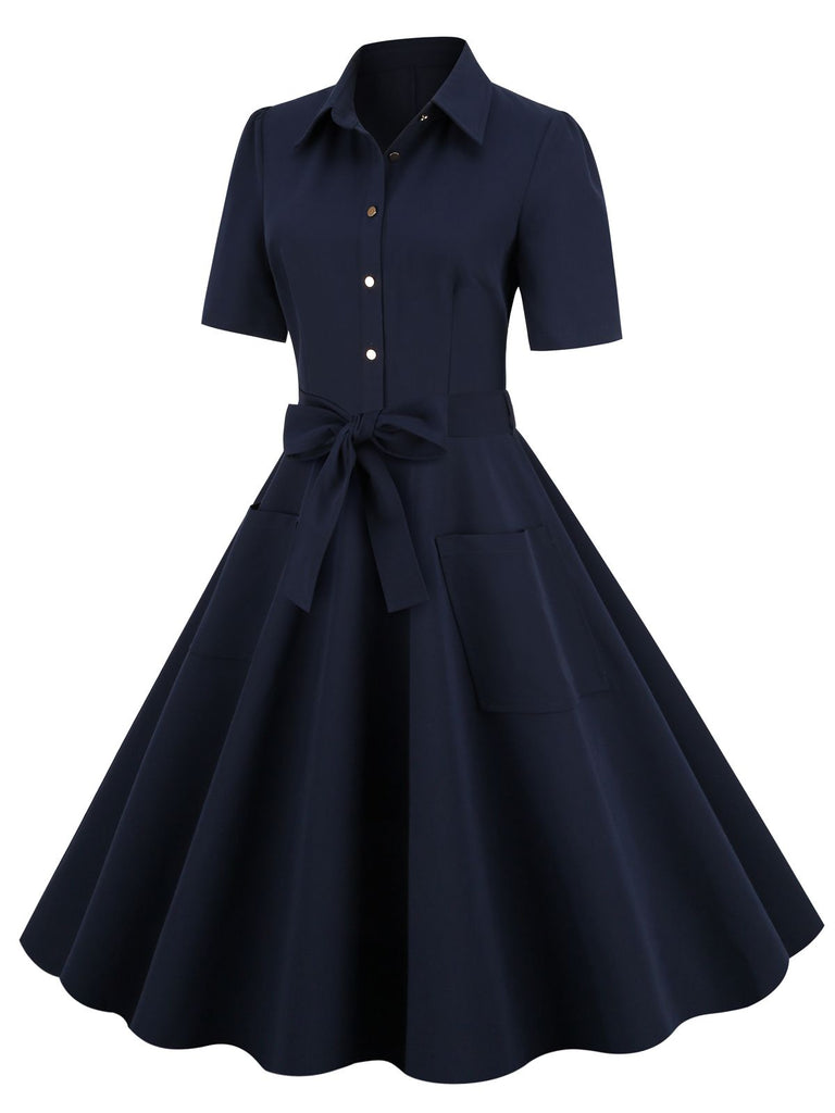 Robe trapèze bleu marine à lacets et revers des années 1950 Cocktail Chic