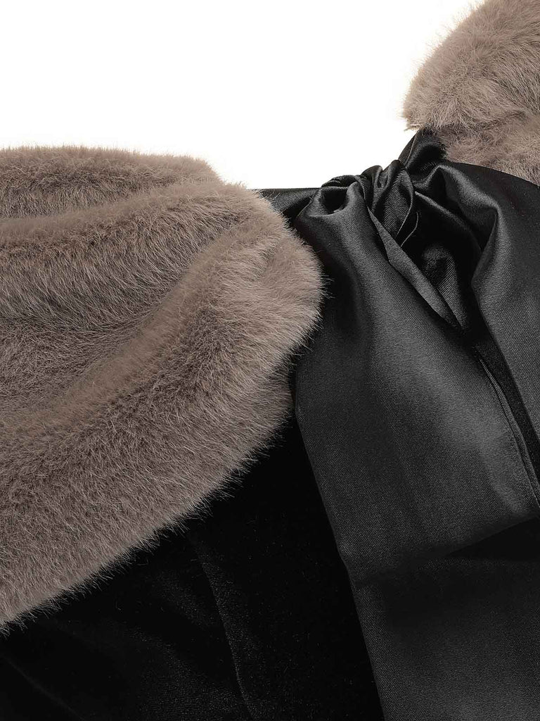 2PCS Robe unie noire des années 1960 et cape en peluche