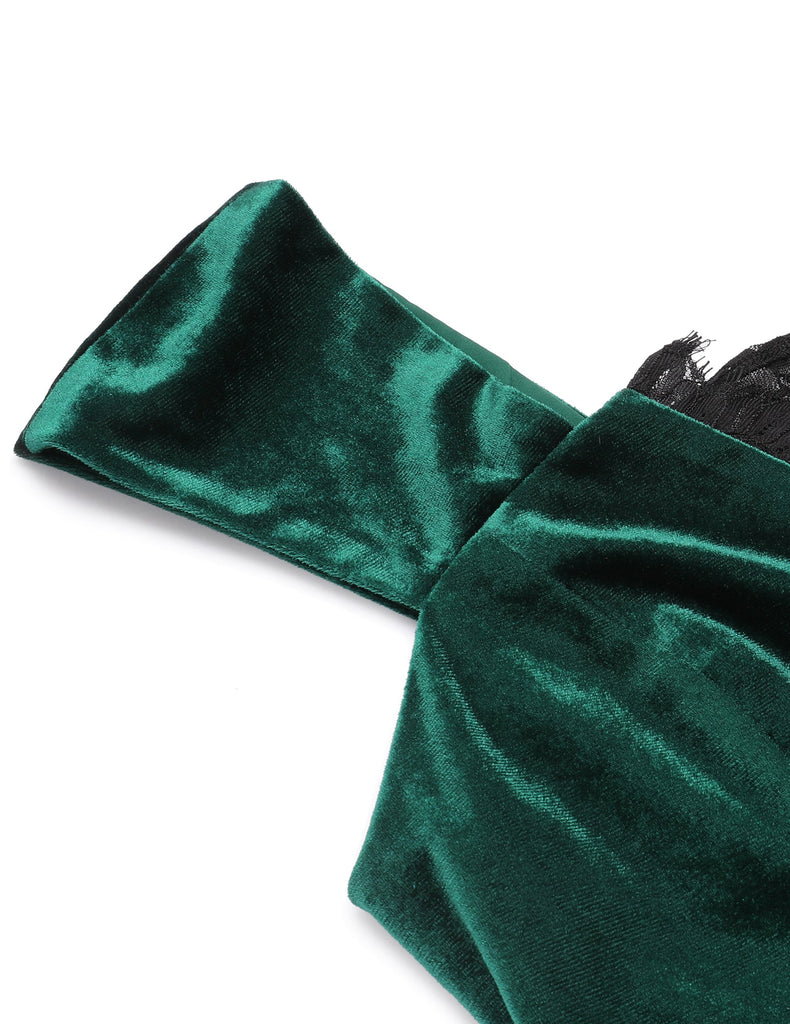 [Prévente] Robe patchwork en dentelle de velours verte des années 1960