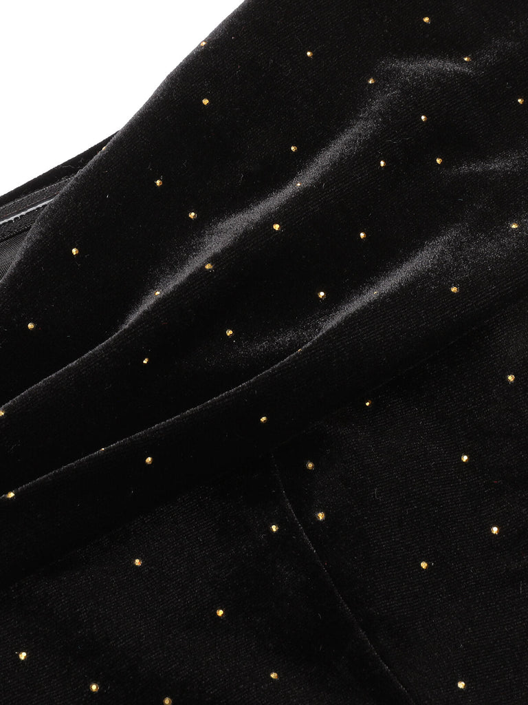 Robe noire en velours avec strass et épaules dénudées des années 1960