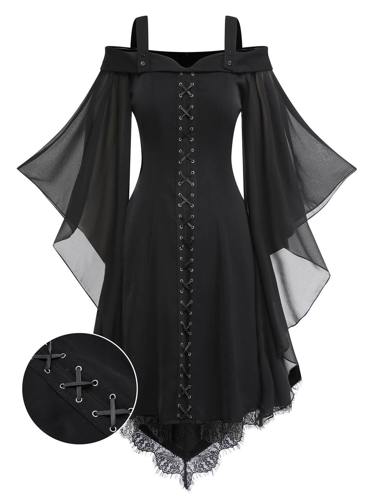 Robe noire à lacets à manches chauve-souris des années 1950