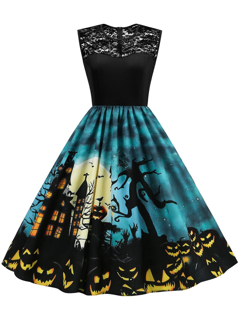 Robe patchwork en dentelle de château d'Halloween des années 1950 bleue