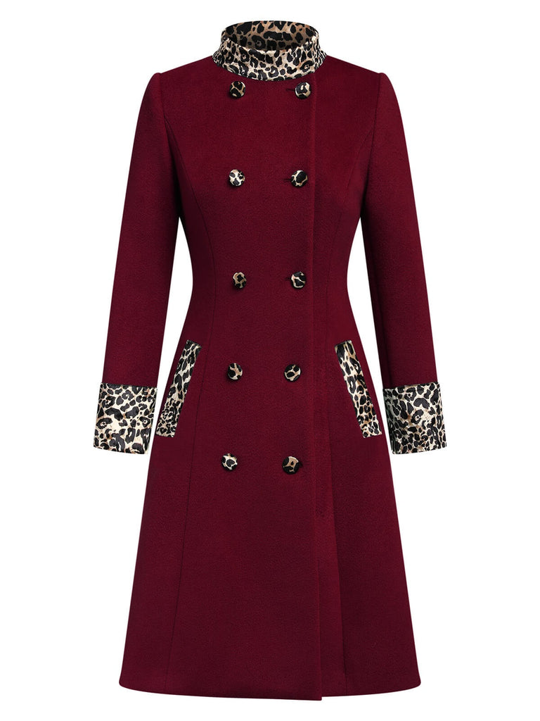 Manteau boutonné patchwork léopard rouge vin