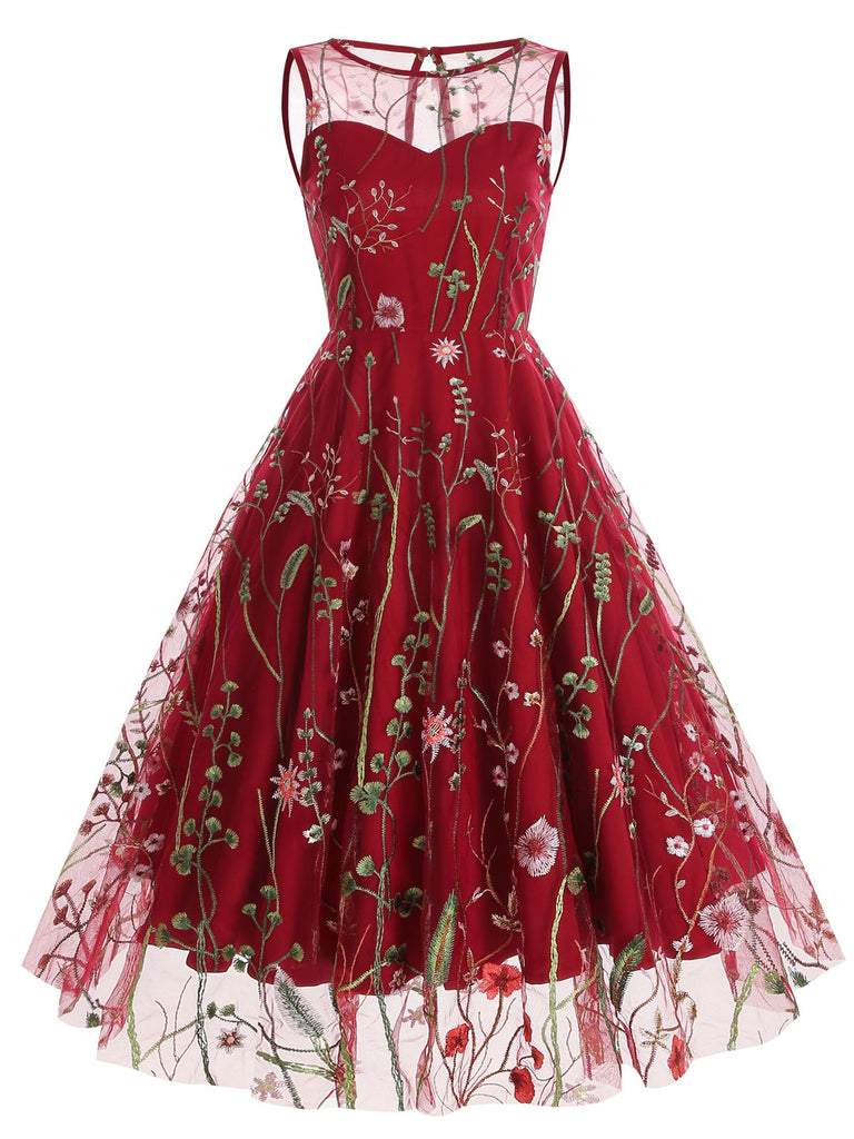 Robe trapèze sans manches en gaze à fleurs des années 1950