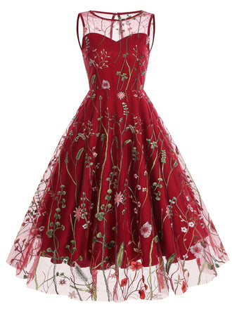 Robe trapèze sans manches en gaze à fleurs des années 1950