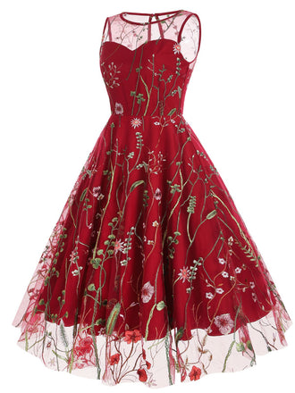 Robe trapèze sans manches en gaze à fleurs des années 1950