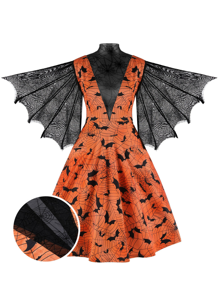 Robe vintage d'Halloween orange à manches chauve-souris