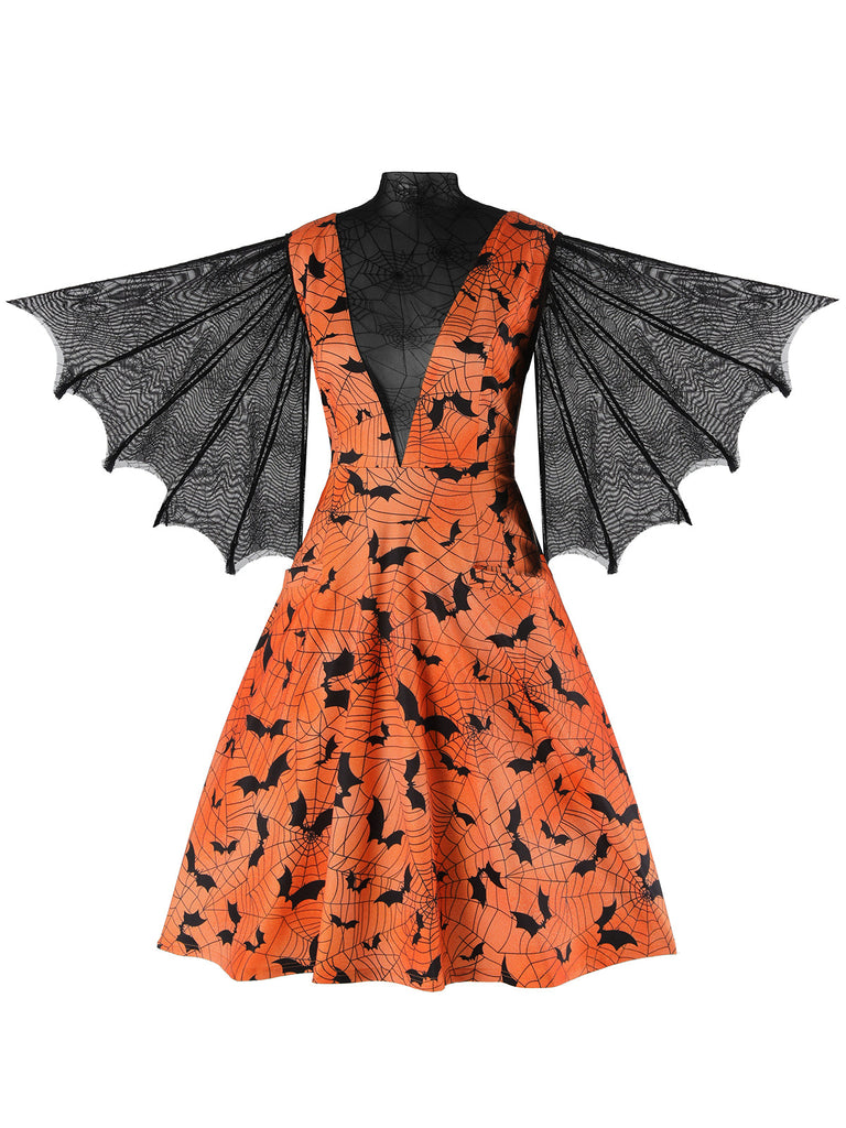 Robe vintage d'Halloween orange à manches chauve-souris