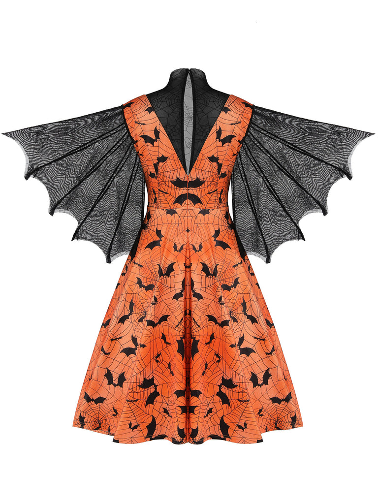 Robe vintage d'Halloween orange à manches chauve-souris