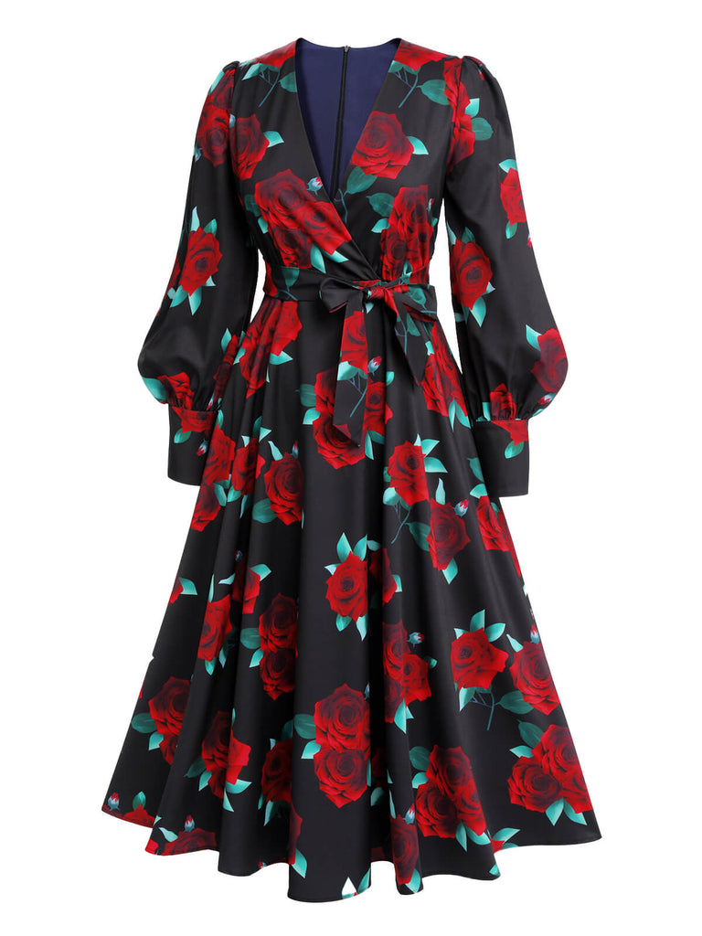 Robe noire à lacets à manches lanterne rose des années 1940