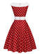Robe trapèze patchwork rouge années 1950 à pois