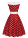 Robe trapèze patchwork rouge années 1950 à pois