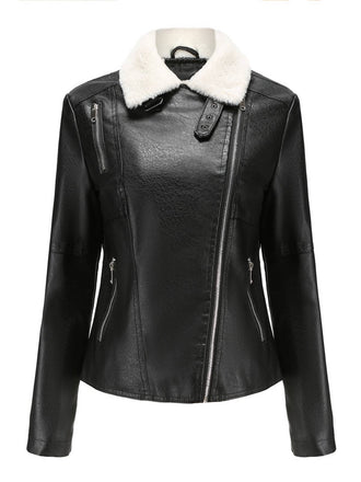 Veste en cuir à col polaire et revers crantés