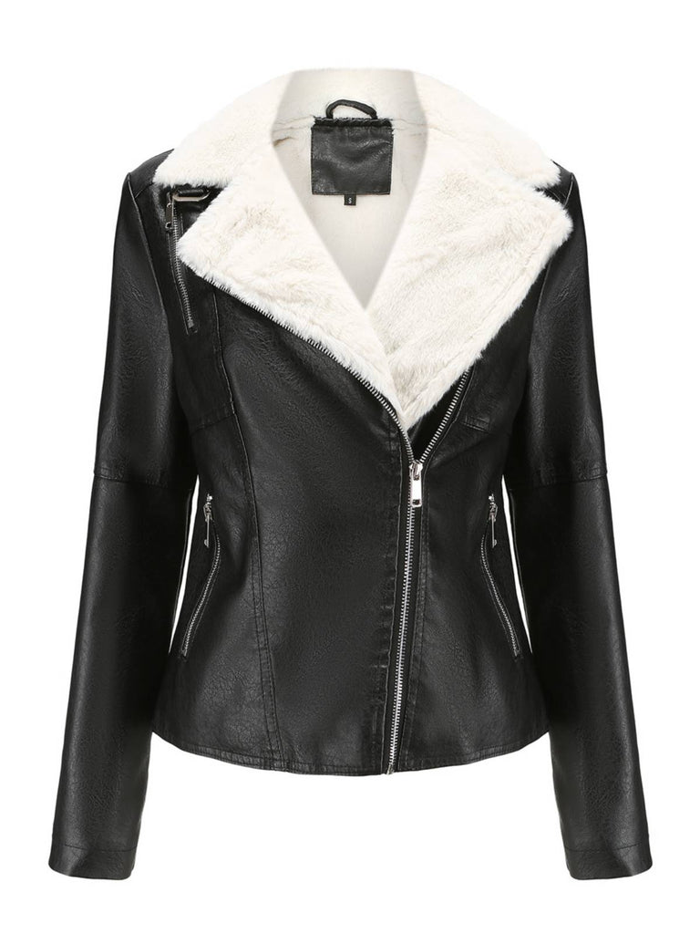 Veste en cuir à col polaire et revers crantés