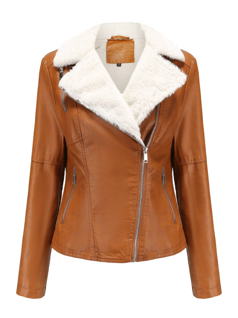 Veste en cuir à col polaire et revers crantés