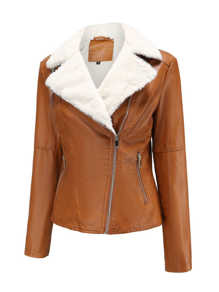Veste en cuir à col polaire et revers crantés