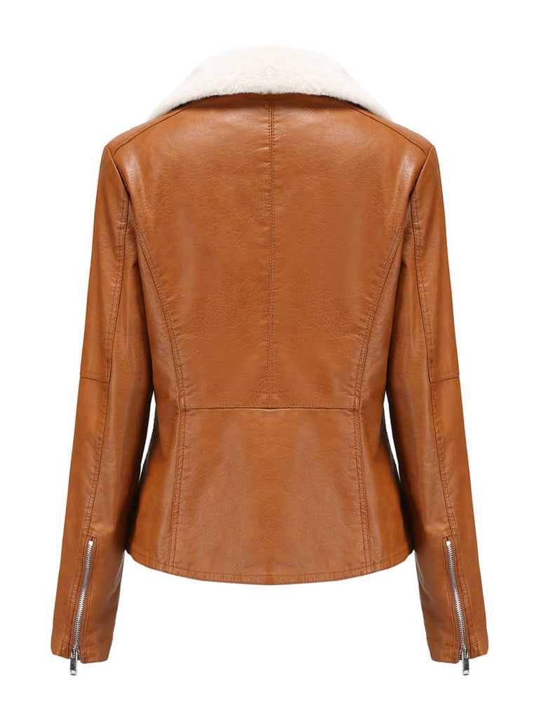 Veste en cuir à col polaire et revers crantés