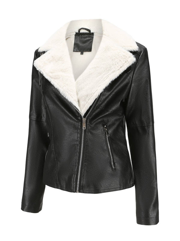 Veste en cuir à col polaire et revers crantés